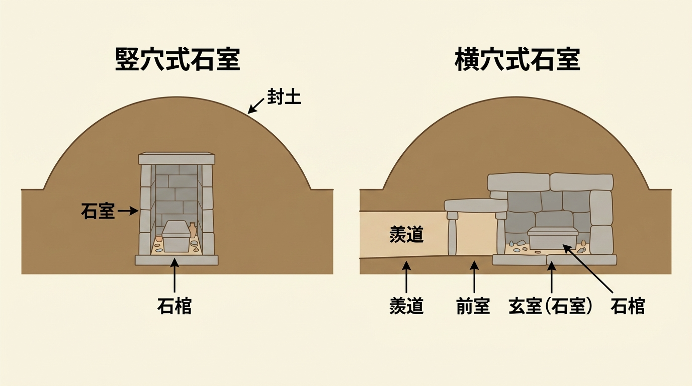 竪穴式石室と横穴式石室の比較図